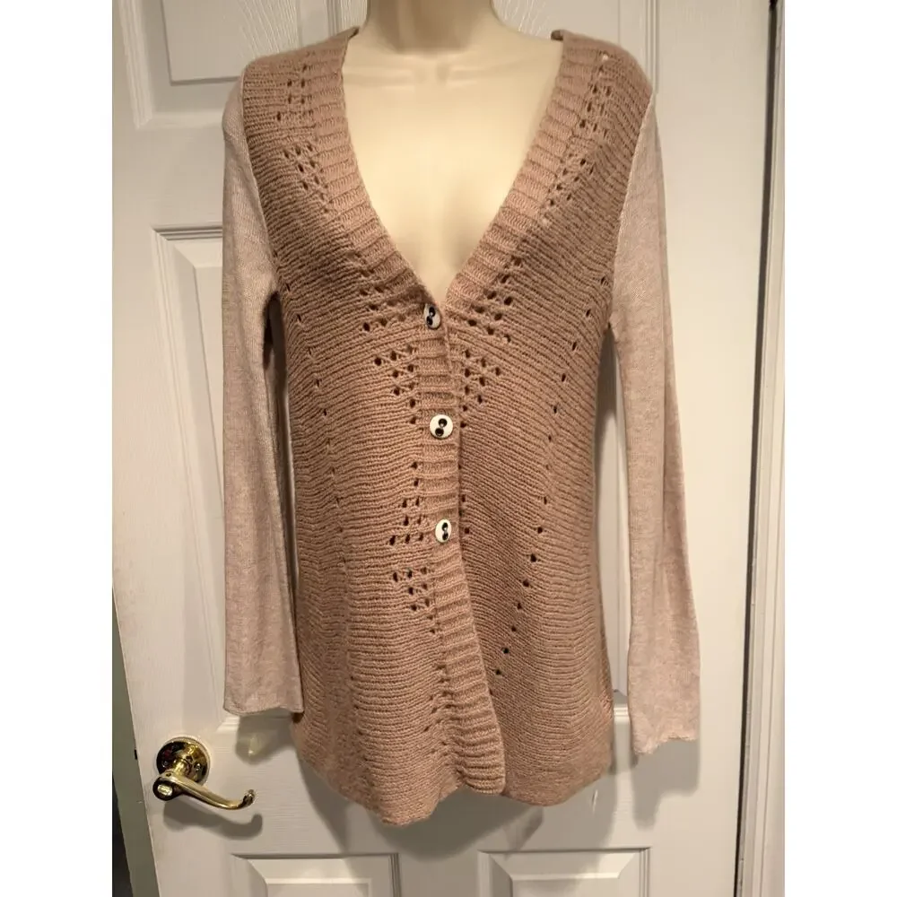 New Free People Knit Lace Panel Sweater Cardigan XS Beige Oatmeal Boho cottage